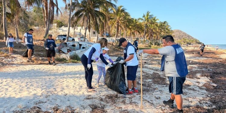 Realizan esfuerzo ambiental; Marina y voluntarios limpian Playa San Lorenzo